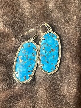 Turquoise Drop Stone Earrings - Blue Silver Frame
